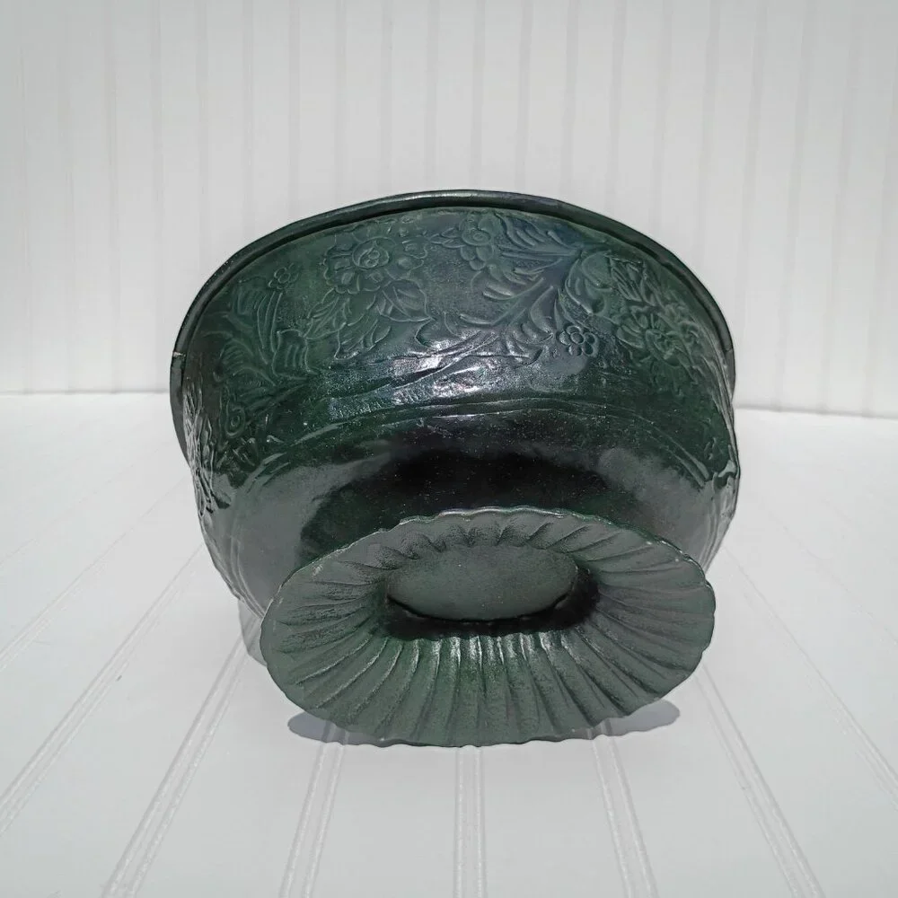 Vintage Floral Embossed Green Metal Oval Planter Cast Brass Pedestal Bowl MCM